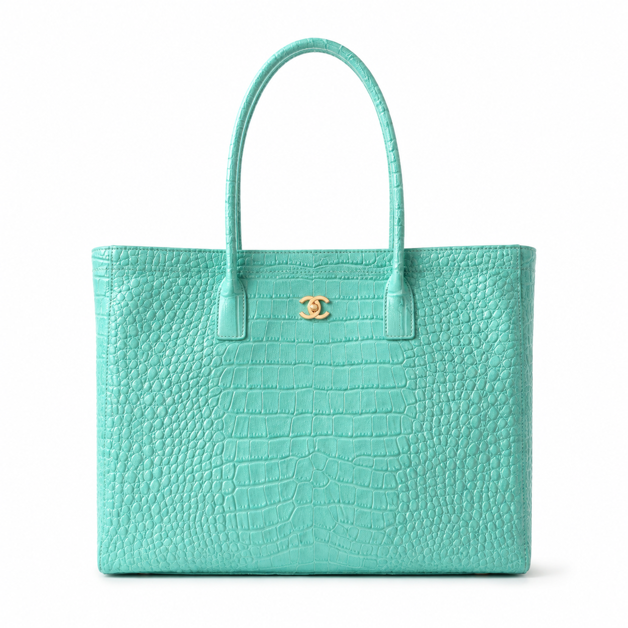 Chanel Mint Jade Croc-Embossed Large Shopping Tote | Gold CC Turn-Lock & Tonal Handles