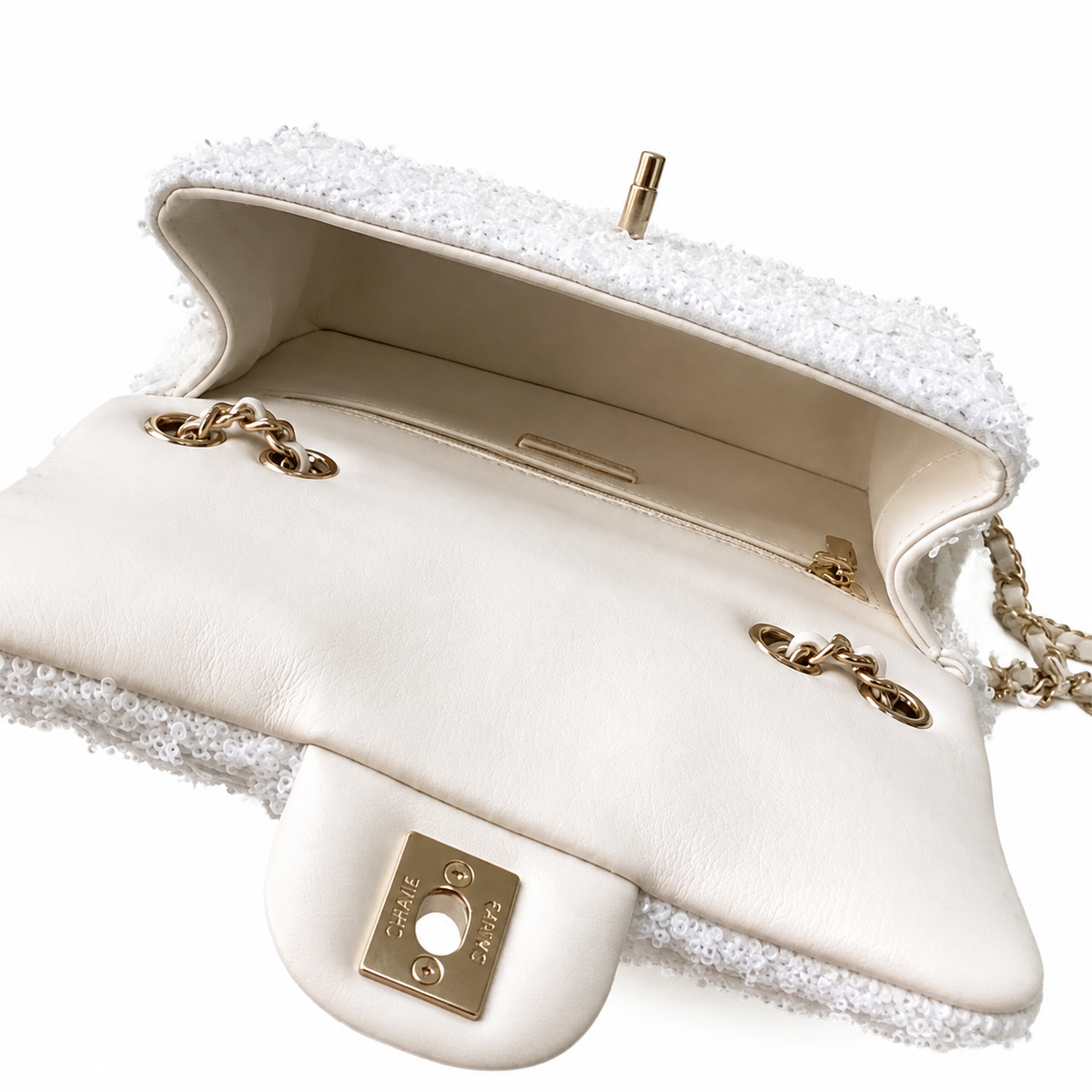 Chanel White Bouclé & Pearl Sequin Flap Bag | Conditionally Visible Embellishment, Silver CC & Bare Chain