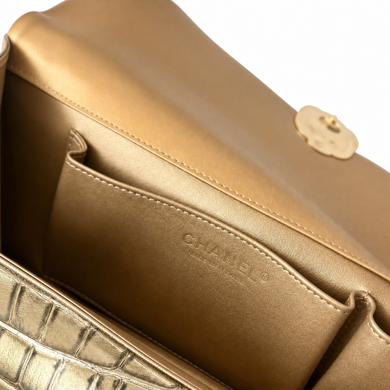 Chanel Gold Croc-Embossed Evening Clutch | Jeweled Scarab — Blue Lapis & Red Enamel Gold Star — 30cm