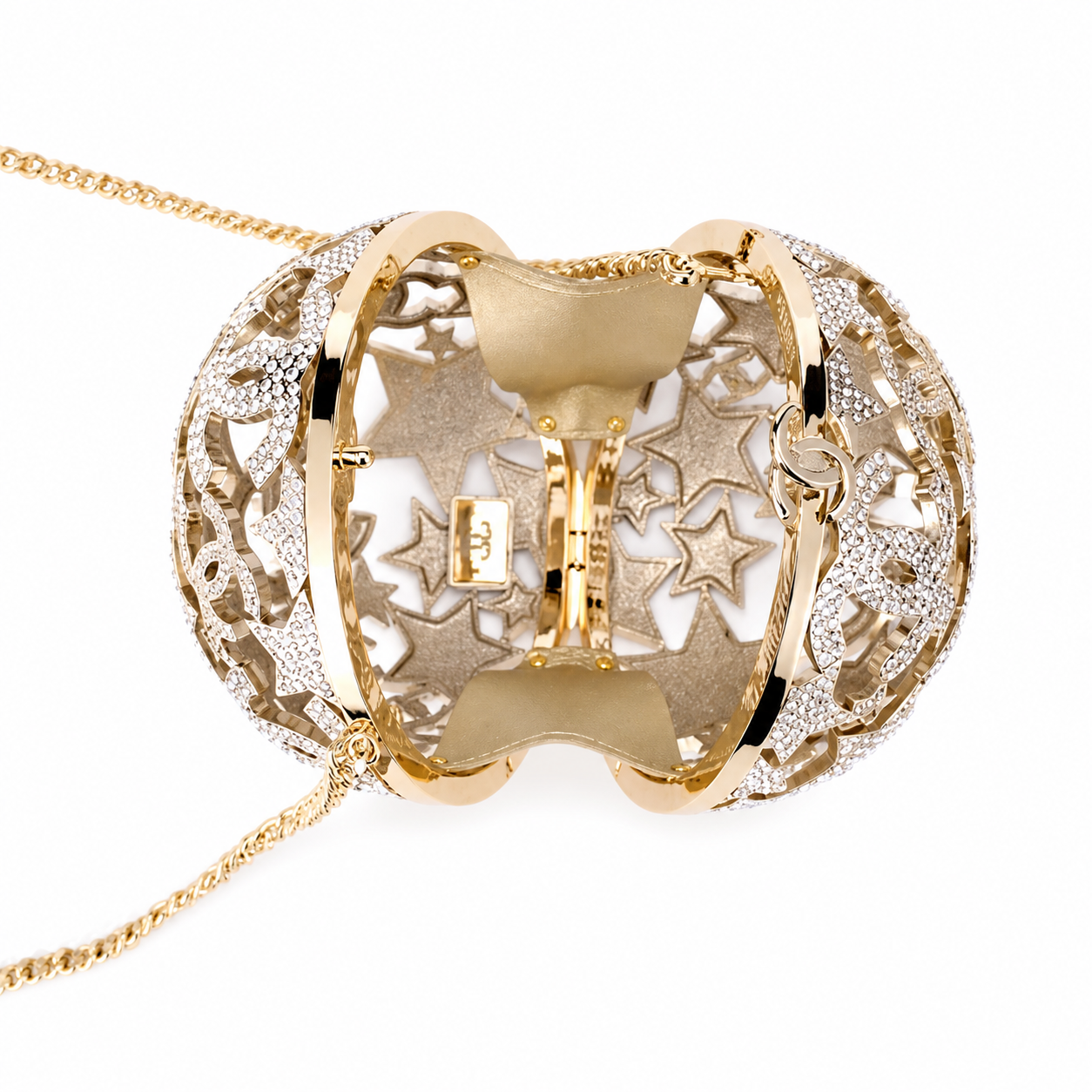 Chanel CC Crystal Star Globe Minaudiere | Gold Filigree & Chain — 13cm