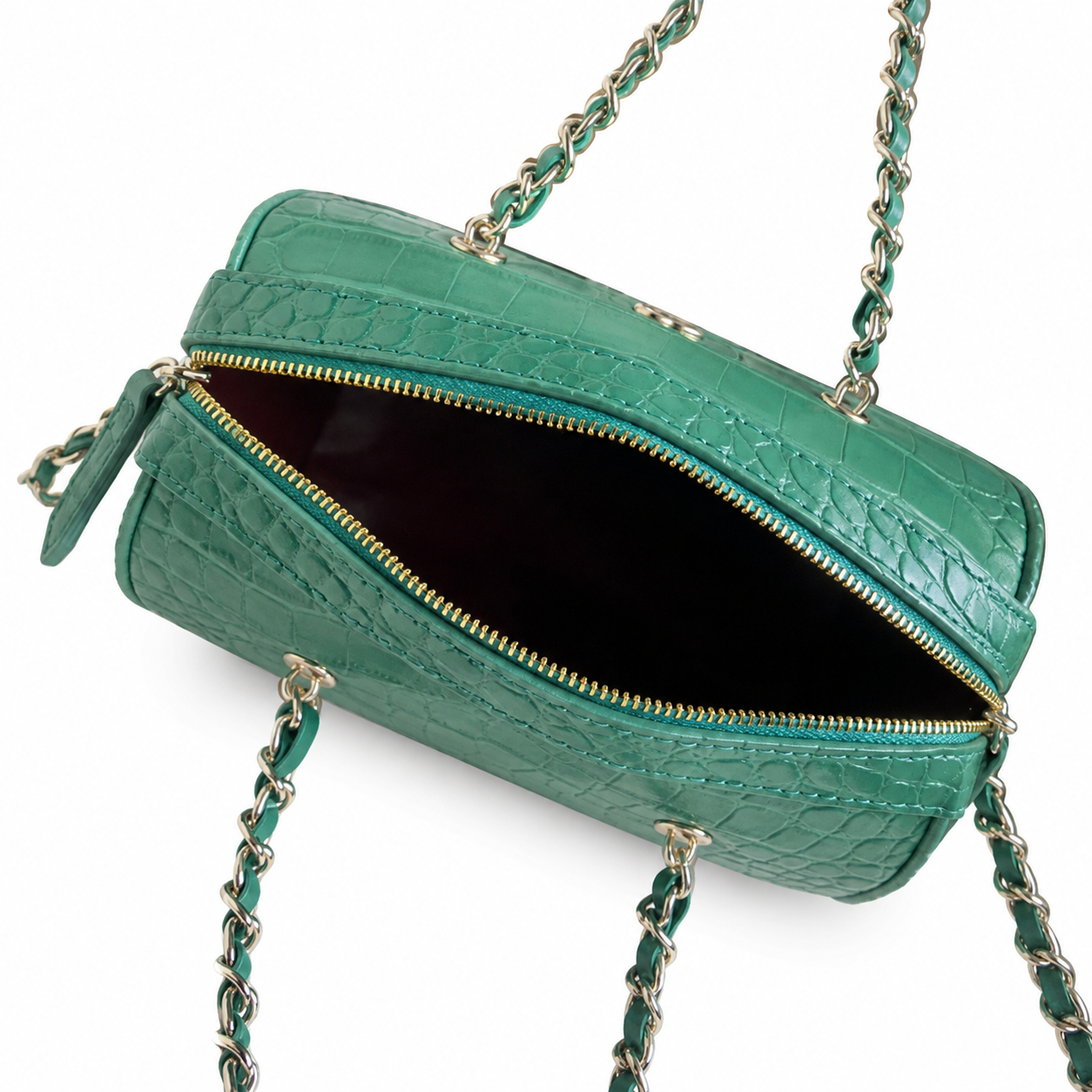 Chanel Jade Green Croc-Embossed Camera Bag | Gold CC Badge & Burgundy Interior