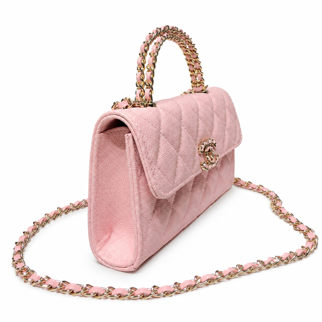 Chanel Baby Pink Fine-Grain Quilted Mini Top Handle Flap Bag | Rose Gold Chain-Texture CC Turn-Lock & Tonal Pink Chain