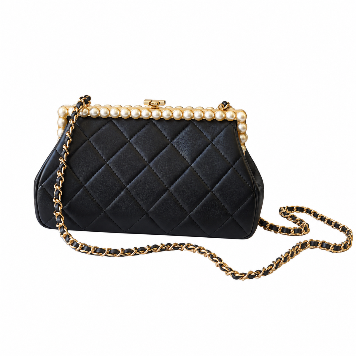 Chanel Pearl Frame Quilted Clutch Black 10×20×7cm