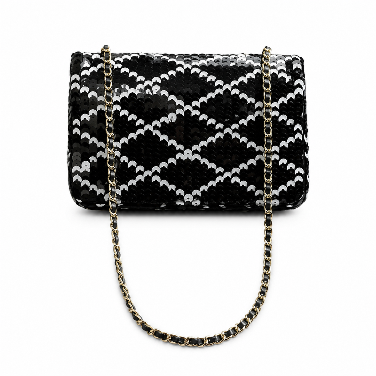 Chanel CC Sequin Flap Bag | Black & Silver Sequin & Gold — 21cm