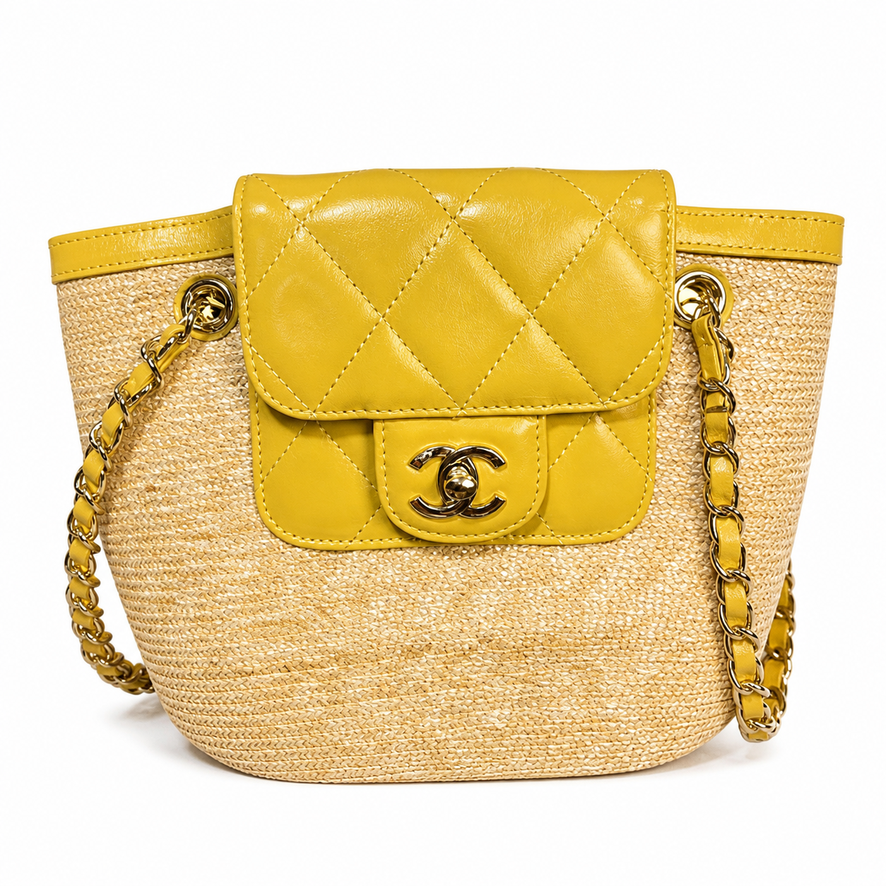 Chanel Raffia Basket Bag & Detachable Mini Flap Set Sunshine Yellow Lambskin | Gold CC — 41cm