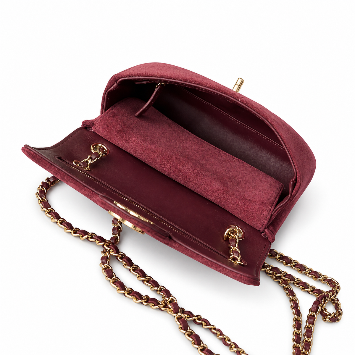 Chanel Classic Single Flap Bag Deep Burgundy Quilted Suede | Matte Gold CC Turn-Lock — 20cm