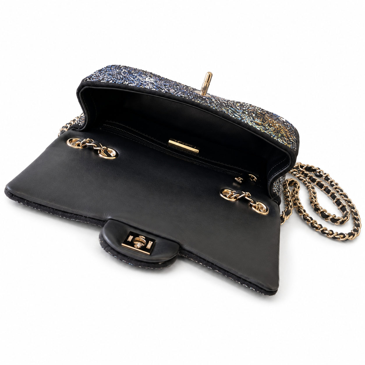Chanel Black Suede Multicolour Crystal Rhinestone Flap Bag | Star-Field Front, Fireworks Starburst Back & Gold CC