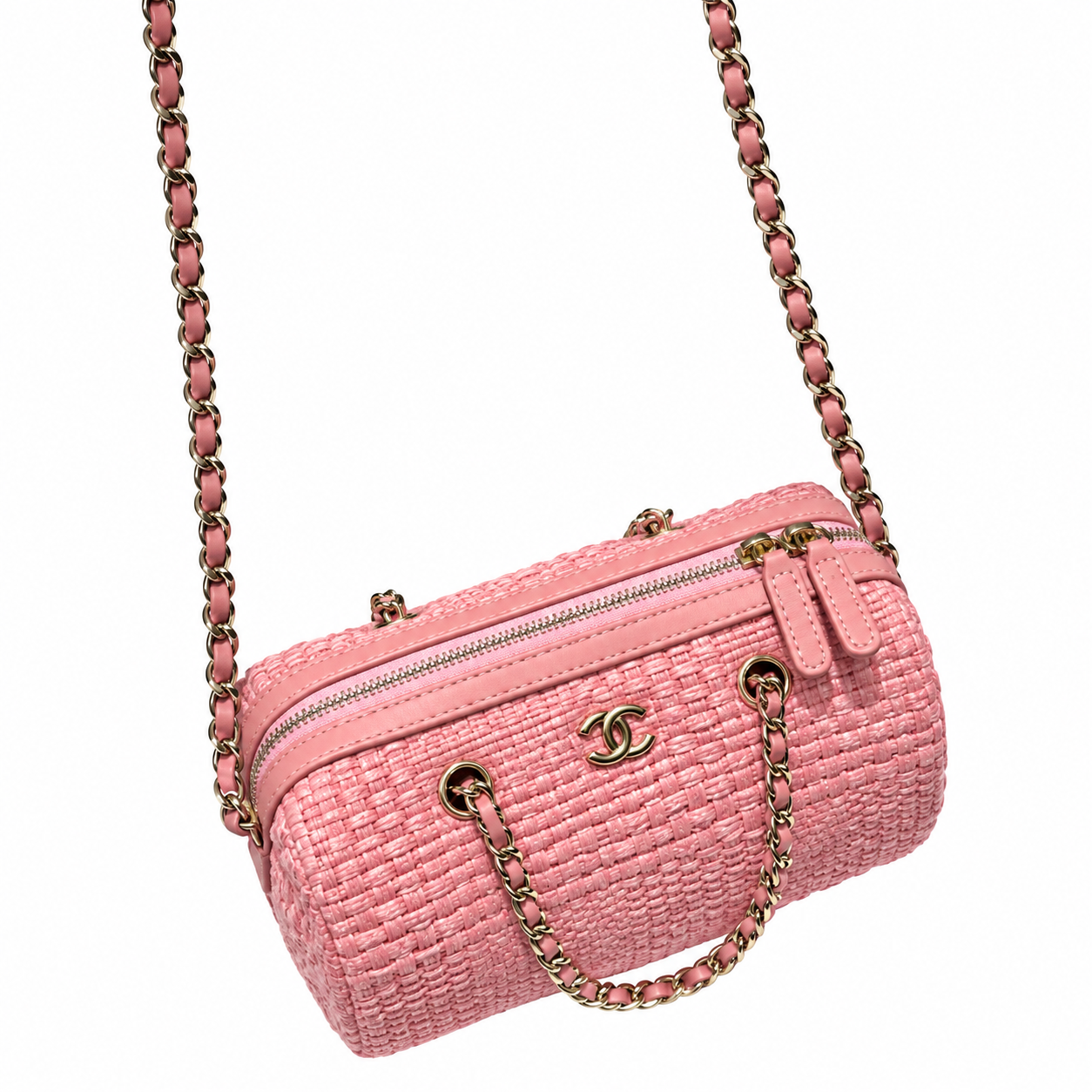 Chanel Raffia Barrel Bag Woven Pink Rose Gold Chain 18.5cm