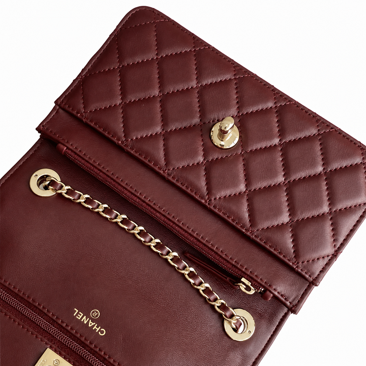 Chanel Burgundy Quilted Lambskin Flap Bag | Pavé Crystal & Pearl CC Turn-Lock, Gold Leaf Motif & Rigid Top Handle
