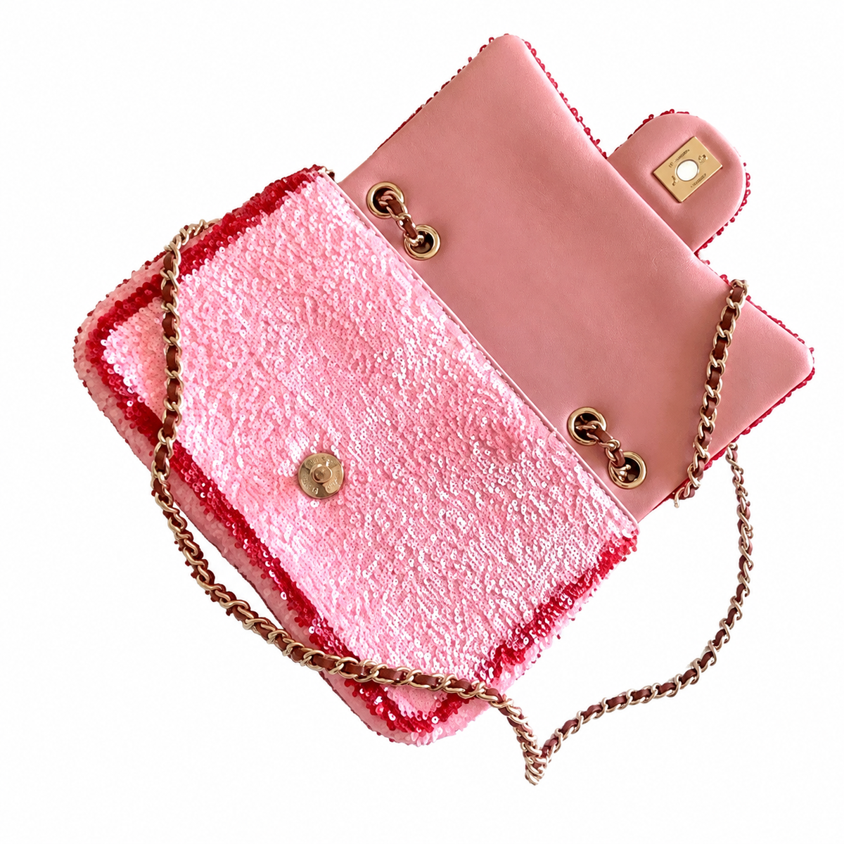 Chanel Pale Pink & Burgundy Sequin Flap Bag | Precision Geometric Border, Rose Gold Chain & Hidden CC Zip Pull