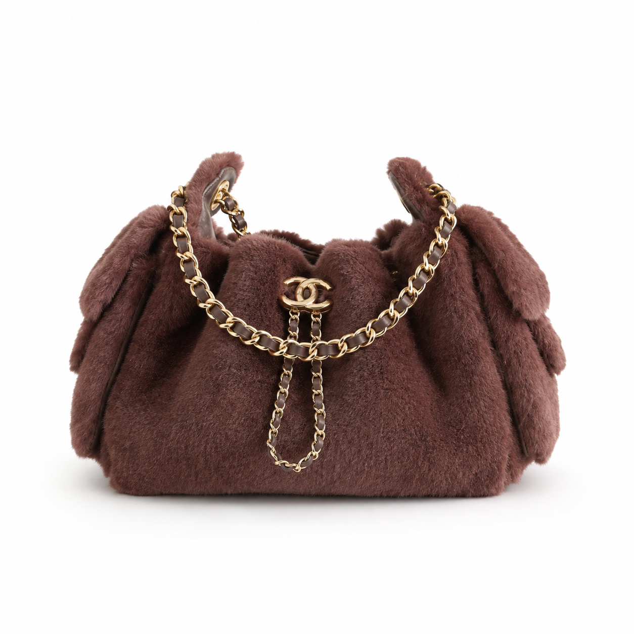 Chanel Chocolate Brown Shearling Shoulder Bag | Gold CC Turn-Lock & Leather-Woven Chain