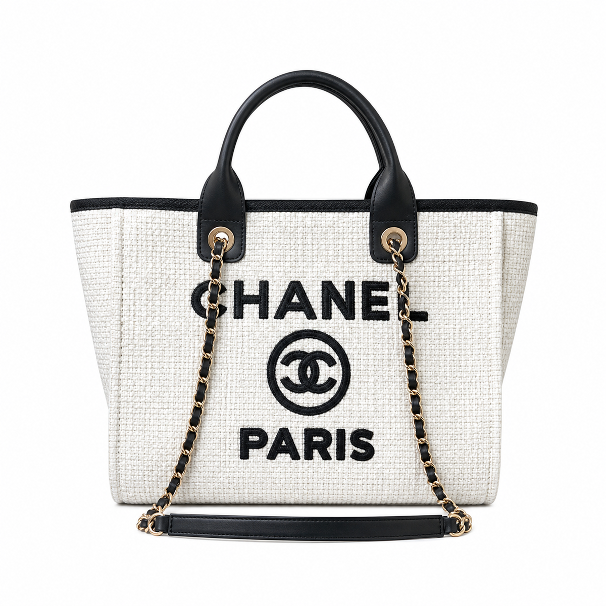 Chanel Deauville Tote Ivory Bouclé | Black Leather CHANEL CC PARIS Appliqué & Gold Chain — 33cm