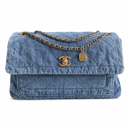 Chanel Denim Soft Hobo Tote | CC Charm Gold Double Chain Light Blue — 35x24cm