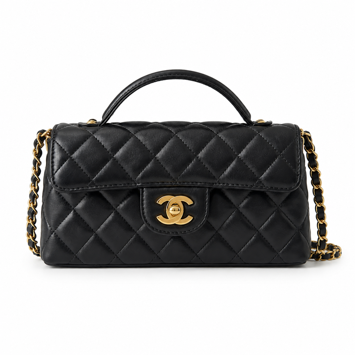 Chanel Black Lambskin Quilted Mini Flap Bag | CHANEL PARIS Gold Padlock Clasp & Gold Chain