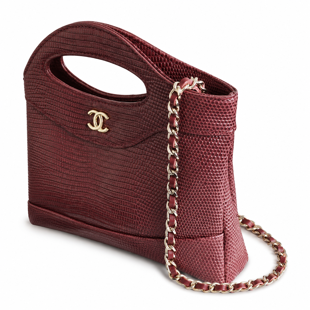 Chanel Burgundy Lizard-Embossed Leather Tote | Cut-Out Handle & Ruthenium Chain Strap