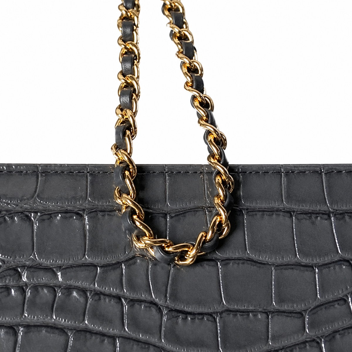 Chanel Charcoal Grey Croc Mini Flap Top Handle Bag | Antique Gold CC — 19.6cm