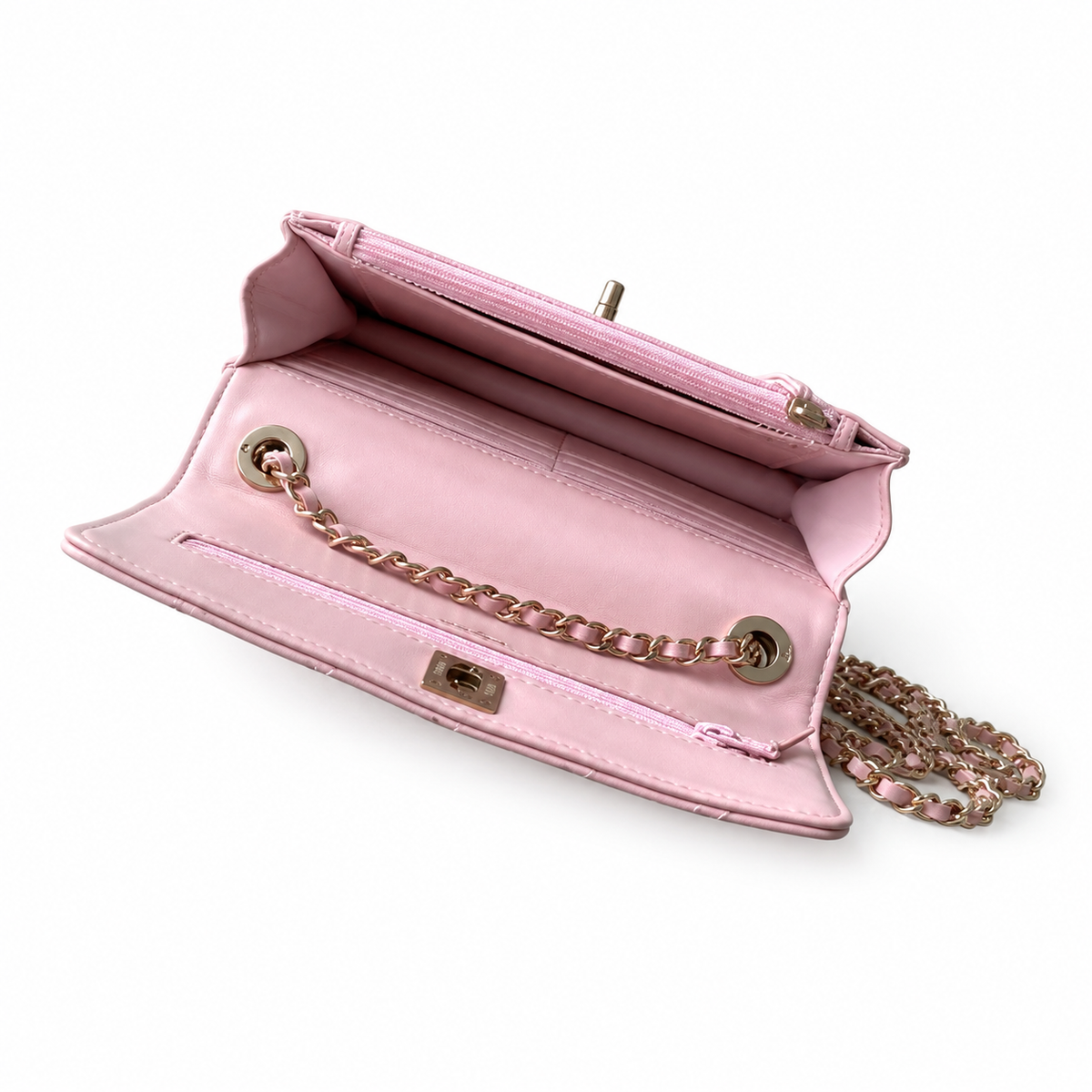Chanel Sakura Pink Quilted Flap Bag | Crystal Pavé CHANEL Letter Frame Bar, Cylindrical Top Handle & Satin Interior