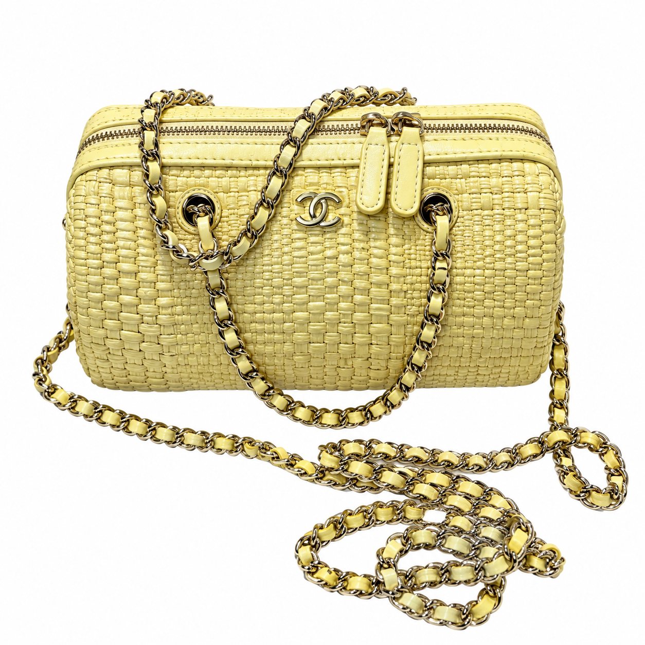 Chanel Raffia Camera Bag Woven Butter Yellow Gold CC 18.5cm