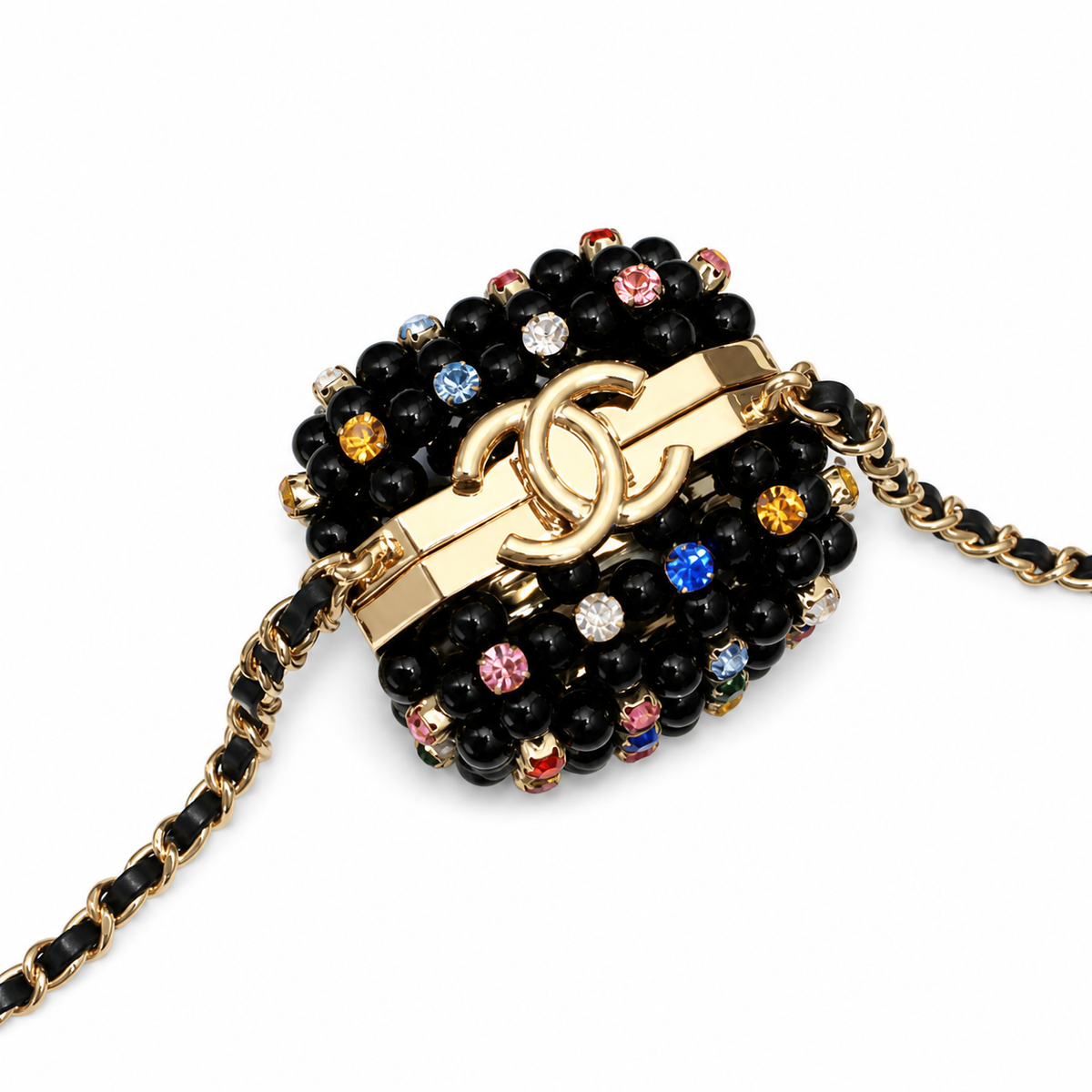 Chanel Black Pearl Minaudère Box Bag | Multicolor Rhinestones & Gold CC — 8cm