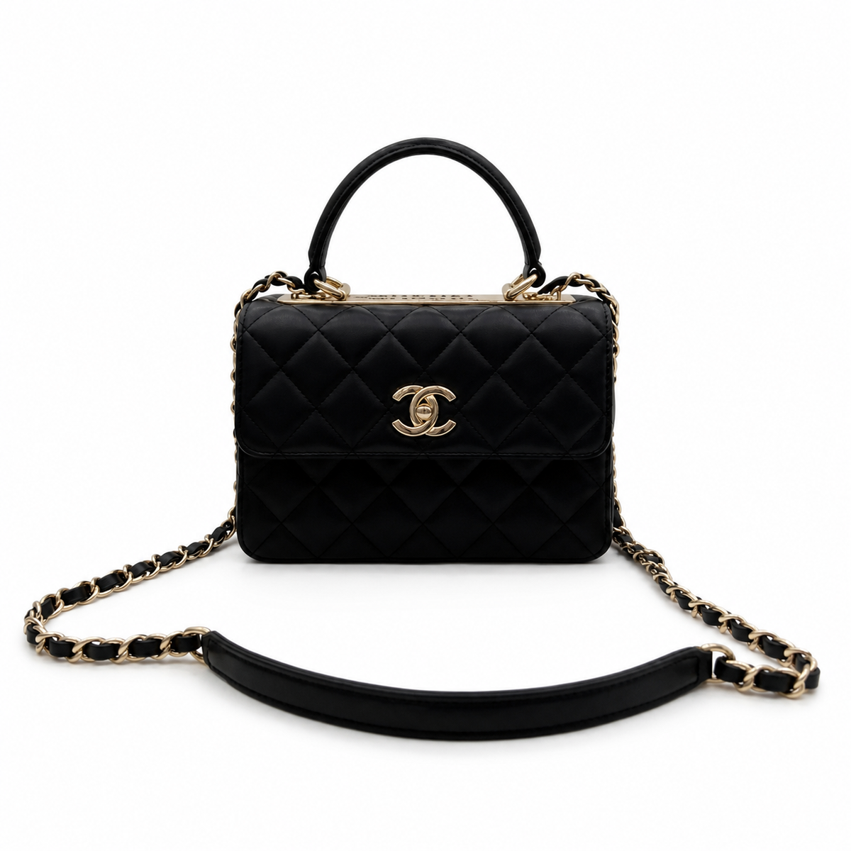 Chanel Trendy CC Mini Top-Handle Flap Black Lambskin | Gold CHANEL Nameplate Bar — 20cm