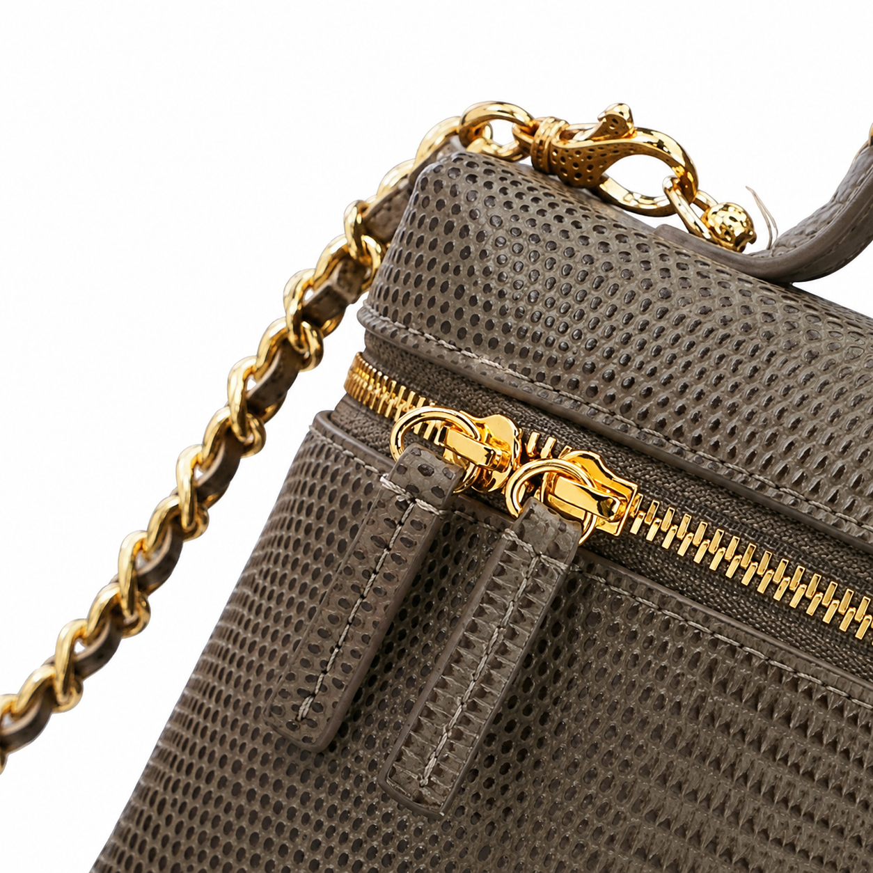 Chanel Warm Taupe Lizard-Embossed Mini Top-Handle Bag | Gold Chain, Zip Top & Card Slots