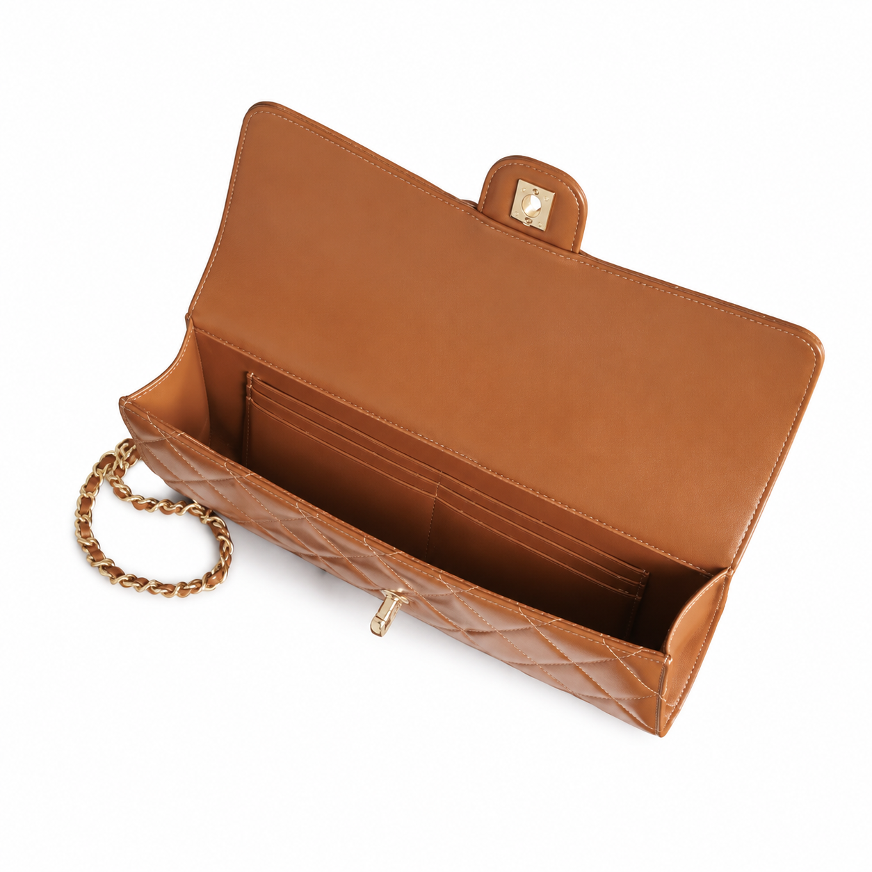 Chanel Caramel Lambskin Large-Quilted Elongated Flap Bag | Top Handle & Tonal Gold Chain