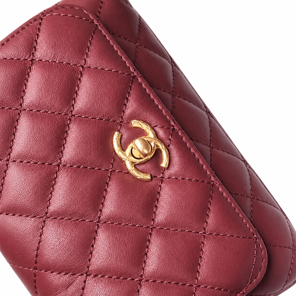 Chanel Burgundy Quilted Lambskin Mini Flap | Camellia Charm Jeweled Handle — 19cm
