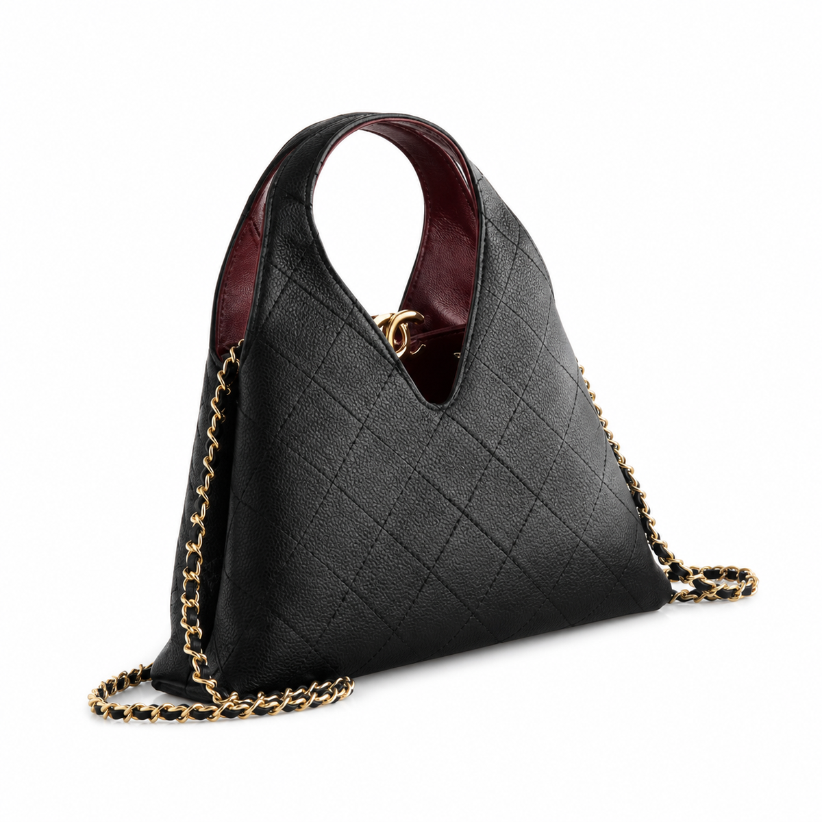 Chanel Large Hobo Bag Black Diamond-Quilted Lambskin | Burgundy Interior & Gold CC Clasp — 32cm
