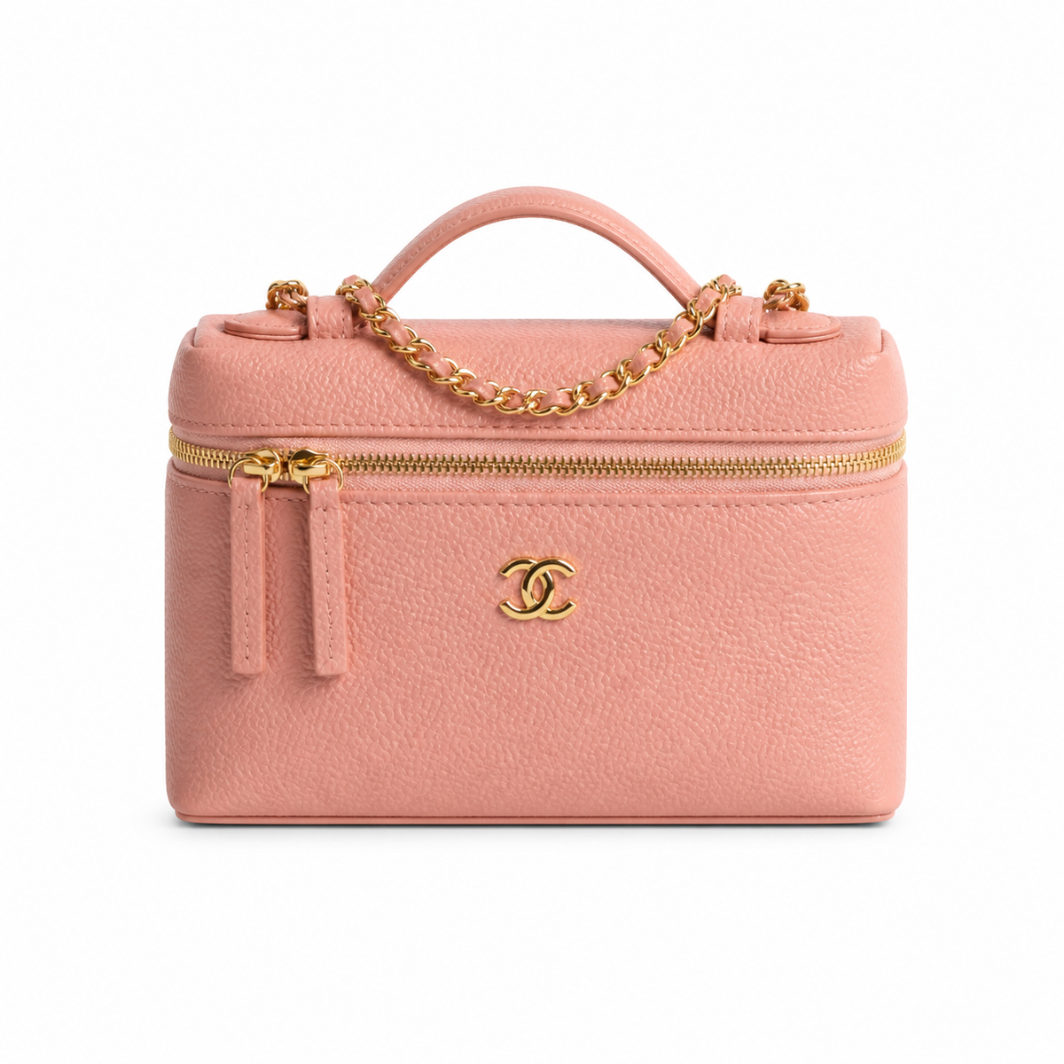 Chanel Blush Pink Caviar Mini Vanity Case | Raised Gold CC & Lobster Clasp Chain — 19cm