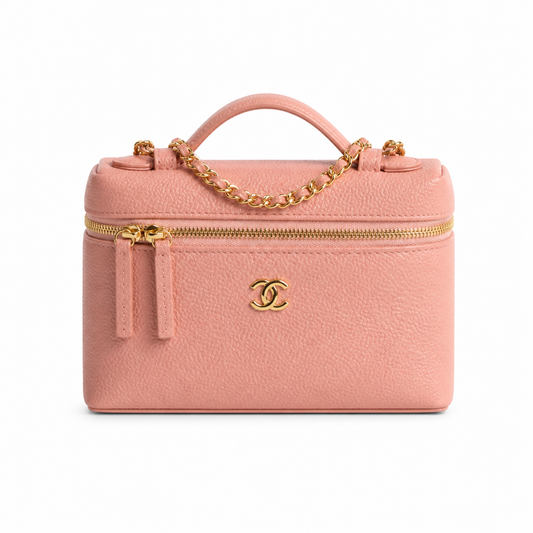 Chanel Blush Pink Caviar Mini Vanity Case | Raised Gold CC & Lobster Clasp Chain — 19cm