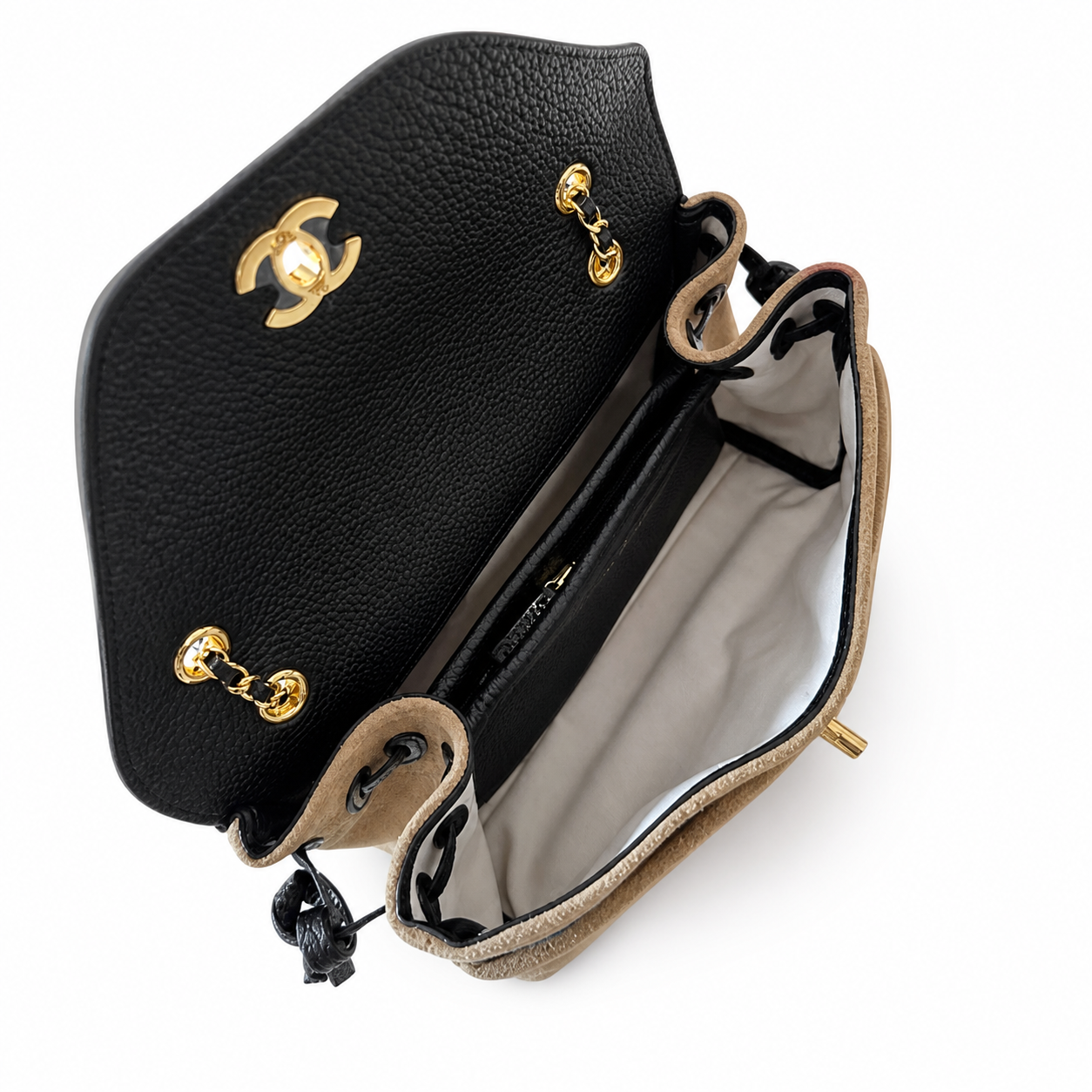 Chanel Two-Tone Drawstring Flap Black Caviar & Taupe Suede | Gold CC Turn-Lock — 29cm