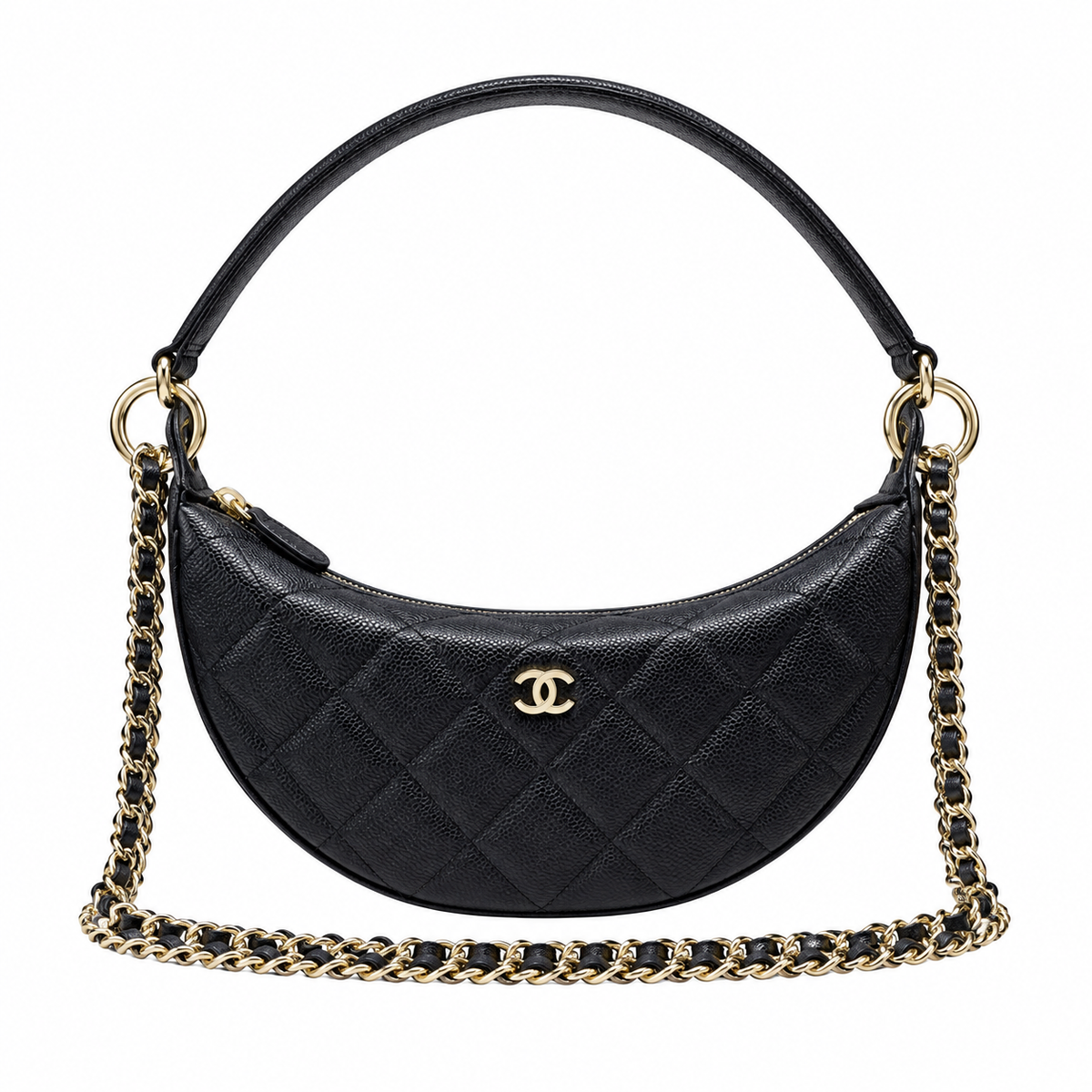 Chanel Crescent Zip Hobo Quilted Caviar Black Gold CC 22cm
