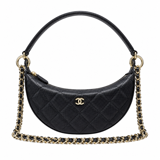 Chanel Crescent Zip Hobo Quilted Caviar Black Gold CC 22cm