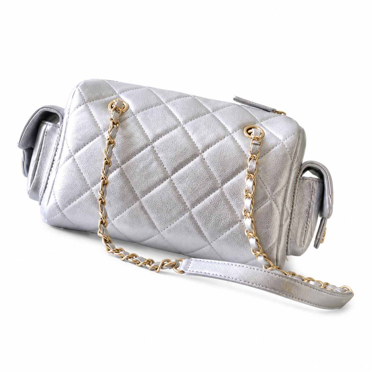 Chanel Metallic Silver Crinkled Leather Quilted Camera Bag | Gold CC, Mixed-Metal Chain & Side Pockets