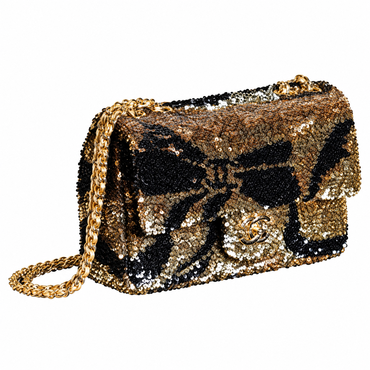Chanel Classic Flap Leopard Sequin Black Gold 21cm