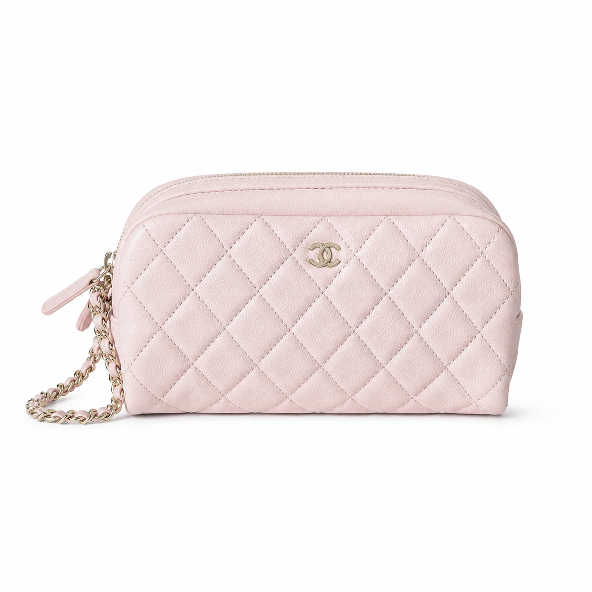Chanel CC Quilted Cosmetic Pouch | Blush Pink & Silver Chain — 18cm
