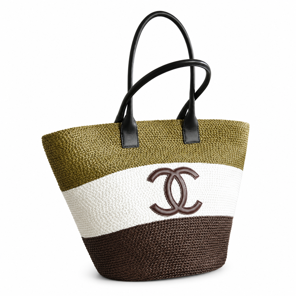 Chanel Olive, Ivory & Espresso Raffia Market Tote | Brown CC on White — 58cm