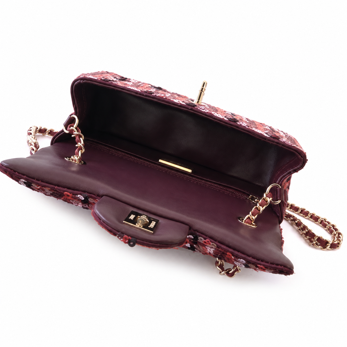 Chanel Red Tweed-Check Sequin & Burgundy Leather Flap Bag | Two-State Design, Gold CC & Full Burgundy Interior