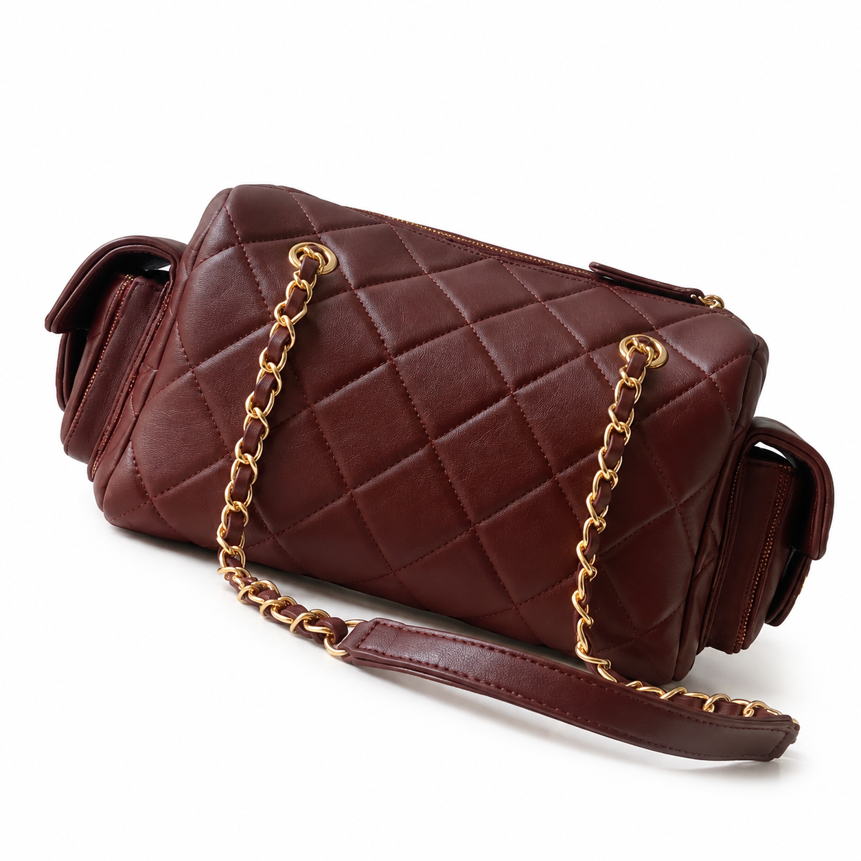Chanel Deep Burgundy Lambskin Square-Quilt Camera Bag | Antique Gold CC, Side Pockets & Double Chain with Leather Strap