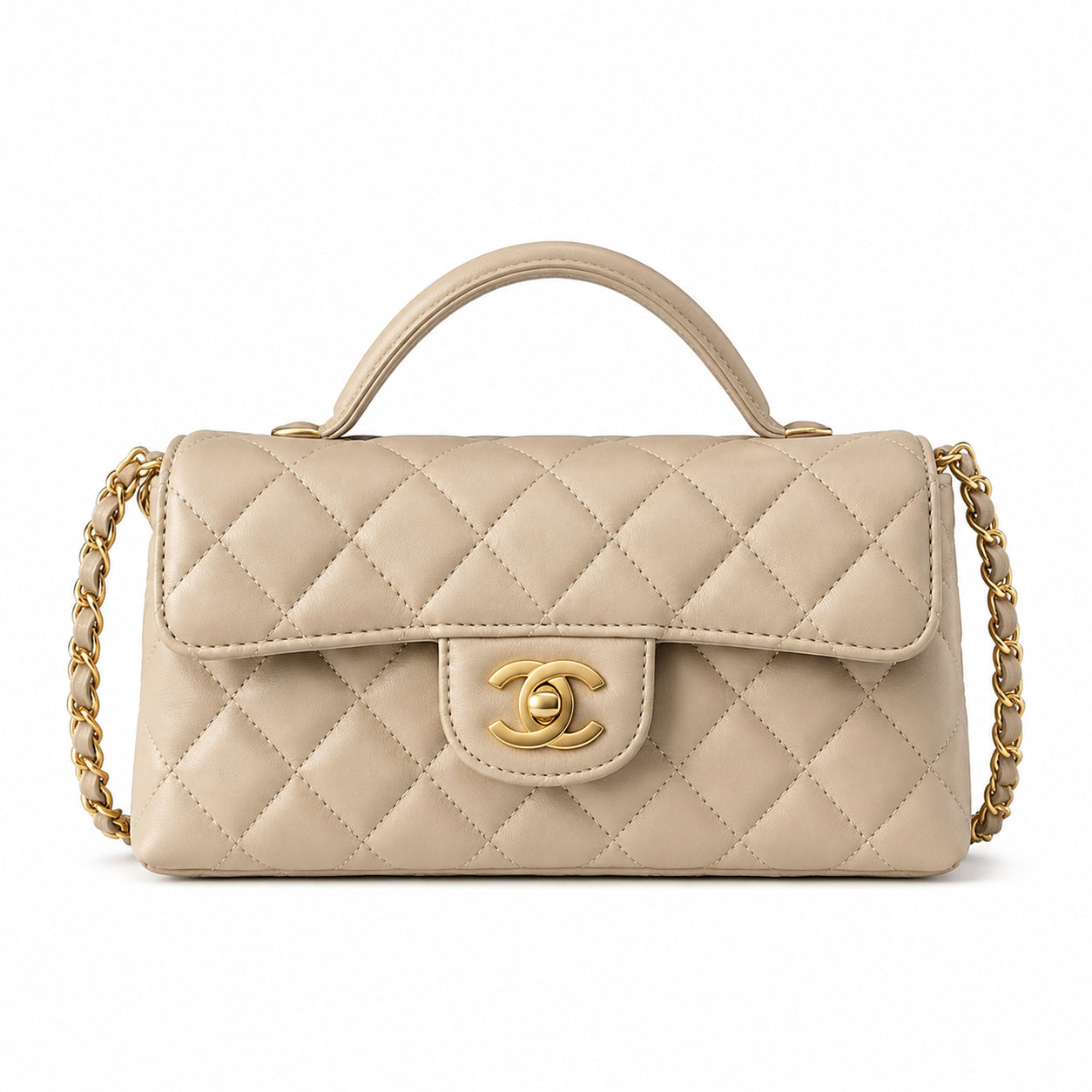 Chanel Nude Beige Lambskin Quilted Mini Flap Bag | CHANEL PARIS Gold Padlock Clasp & Gold Chain
