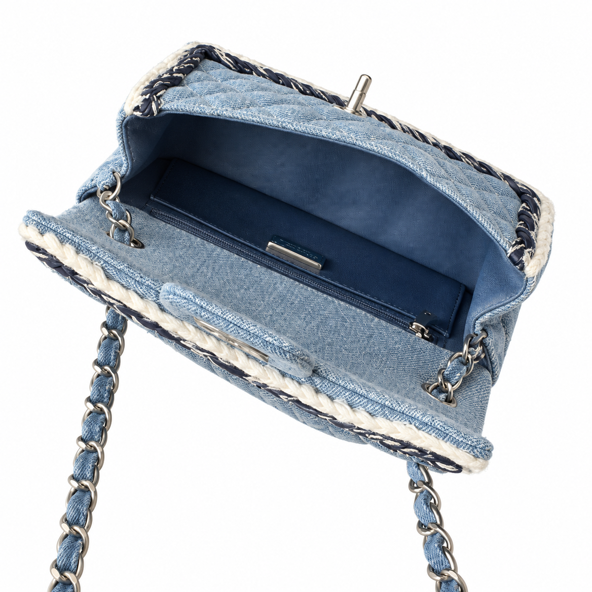 Chanel Quilted Denim Mini Flap Bag White Yarn Trim 20cm
