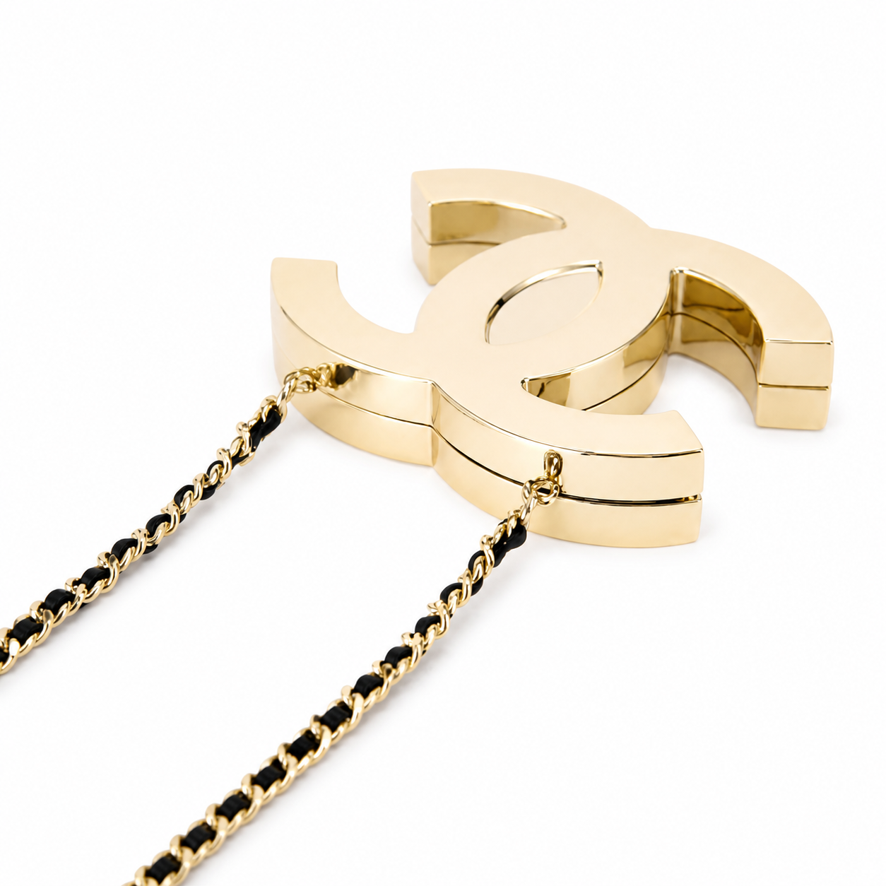 Chanel CC Logo Hard Shell Minaudiere | Gold Mirror & Chain — 10cm