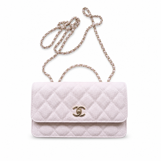 Chanel Mini Top-Handle Flap Pearl Blush Pink Caviar | Gold CC Turn-Lock & Silver Chain — 19cm