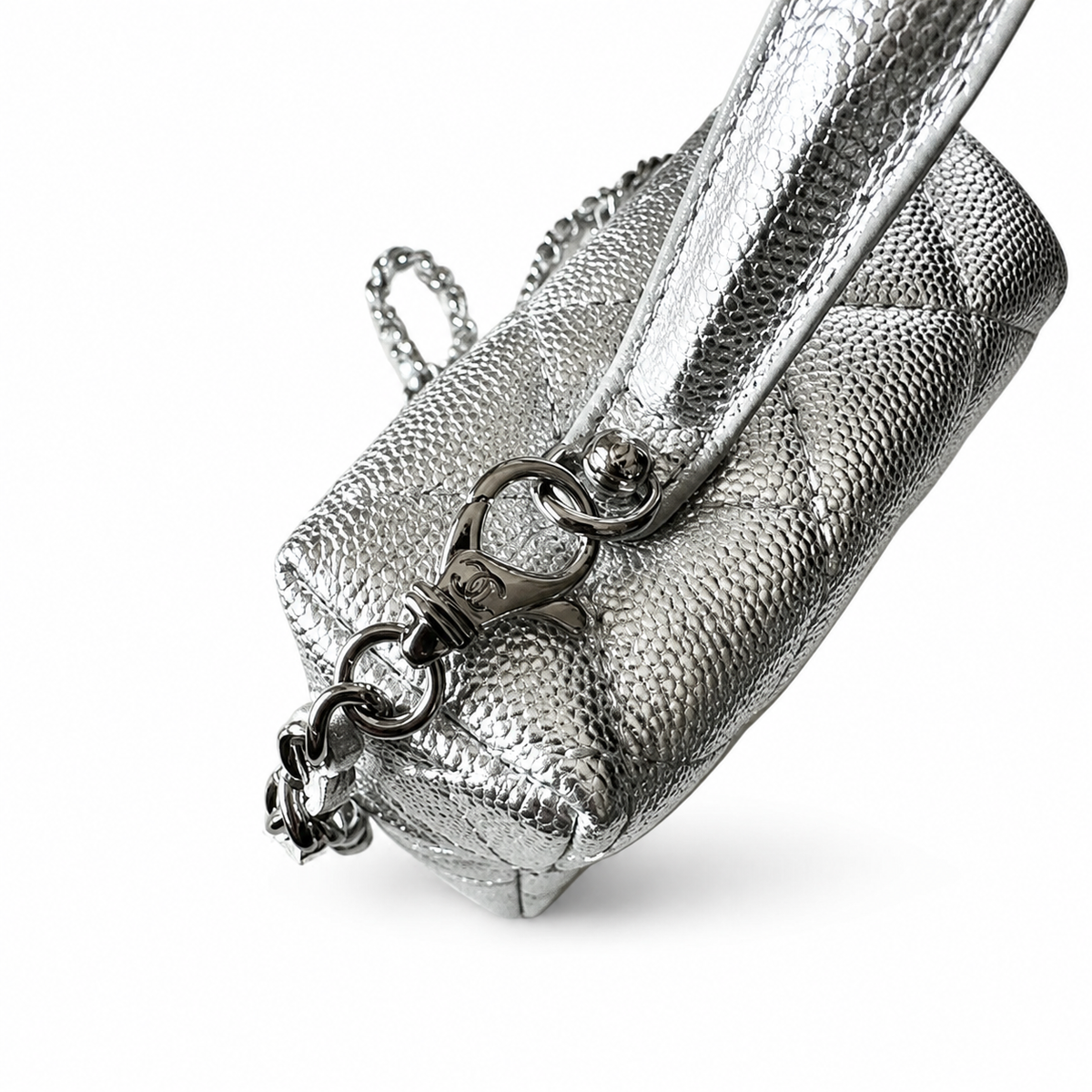 Chanel Silver Metallic Quilted Caviar Vanity Box Bag | Top Handle & Silver Chain