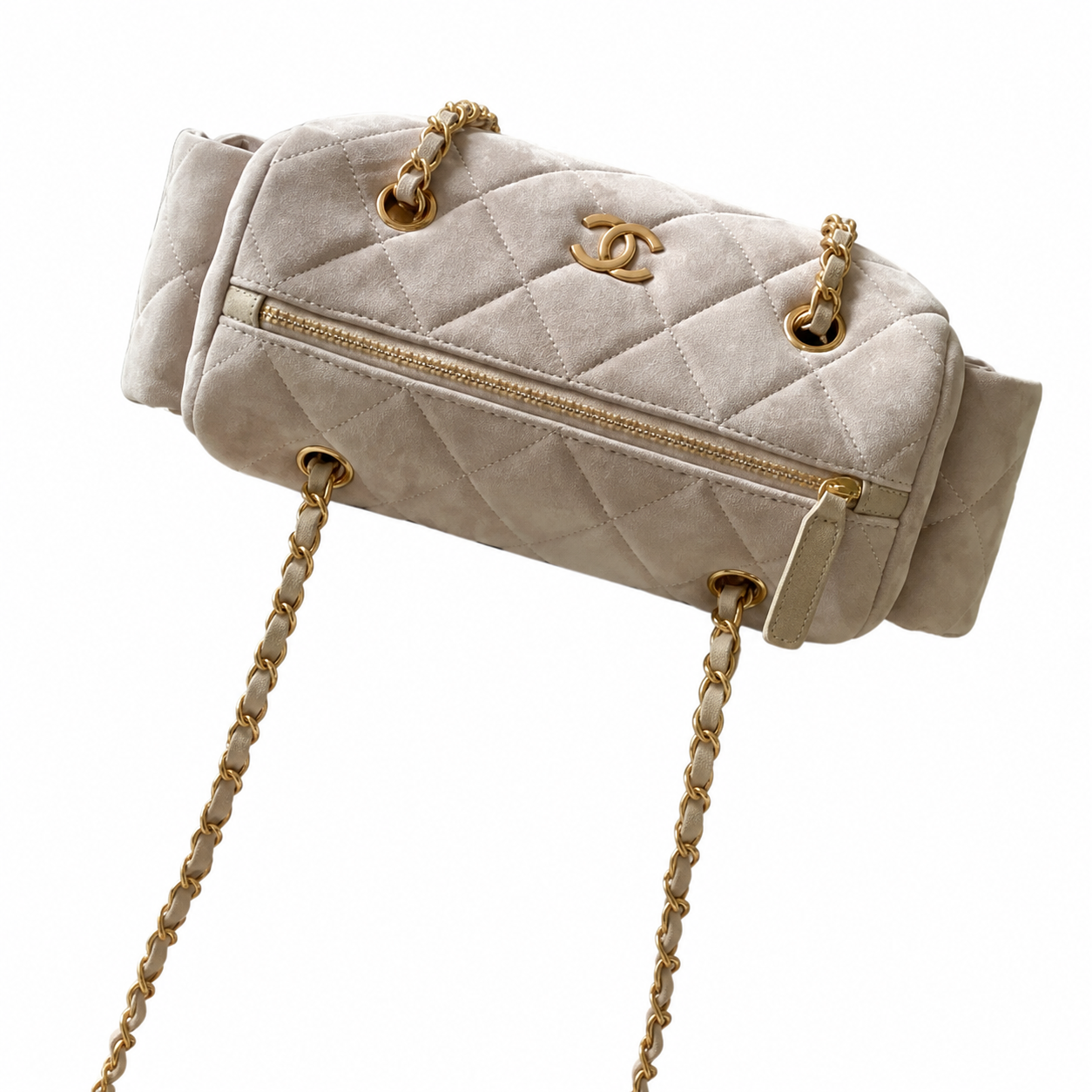 Chanel Ivory Suede Quilted Camera Bag | Gold CC, Leather Base with Dome Feet, Side Pockets & Tonal Double Chain