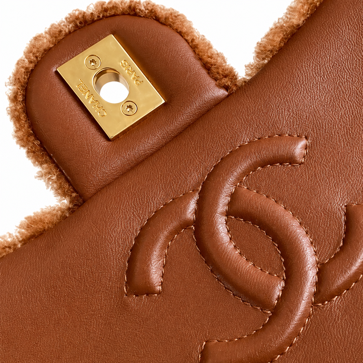 Chanel Shearling Trim Quilted Flap Bag | Gold Chain Caramel Brown — 12x18cm