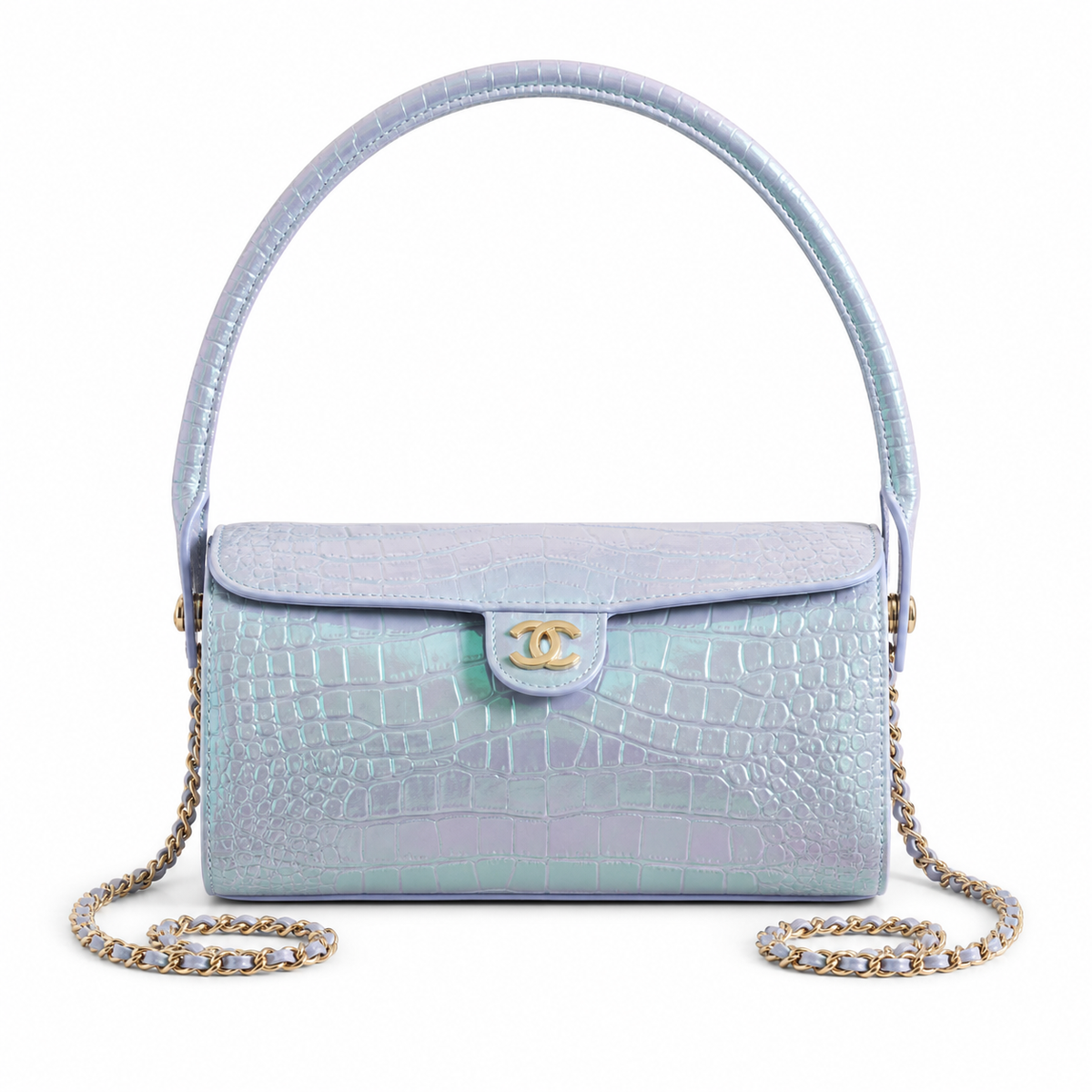 Chanel CC Iridescent Croc-Embossed Cylindrical Flap Bag | Gold — 23cm