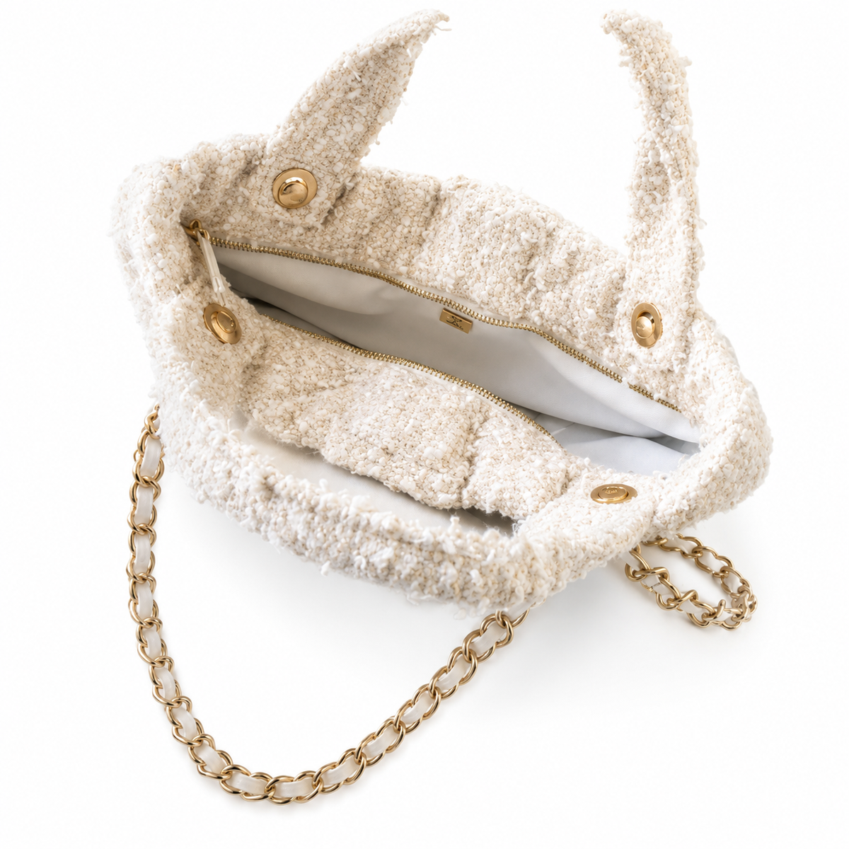 Chanel Bouclé Tweed Large Shopping Tote | CC Gold Chain Ivory White — 29x38cm
