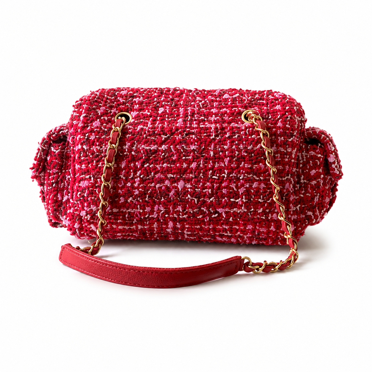 Chanel Red Multicolour Bouclé Tweed Camera Bag | Front Zip Pocket, Antique Gold CC & Red Leather Chain
