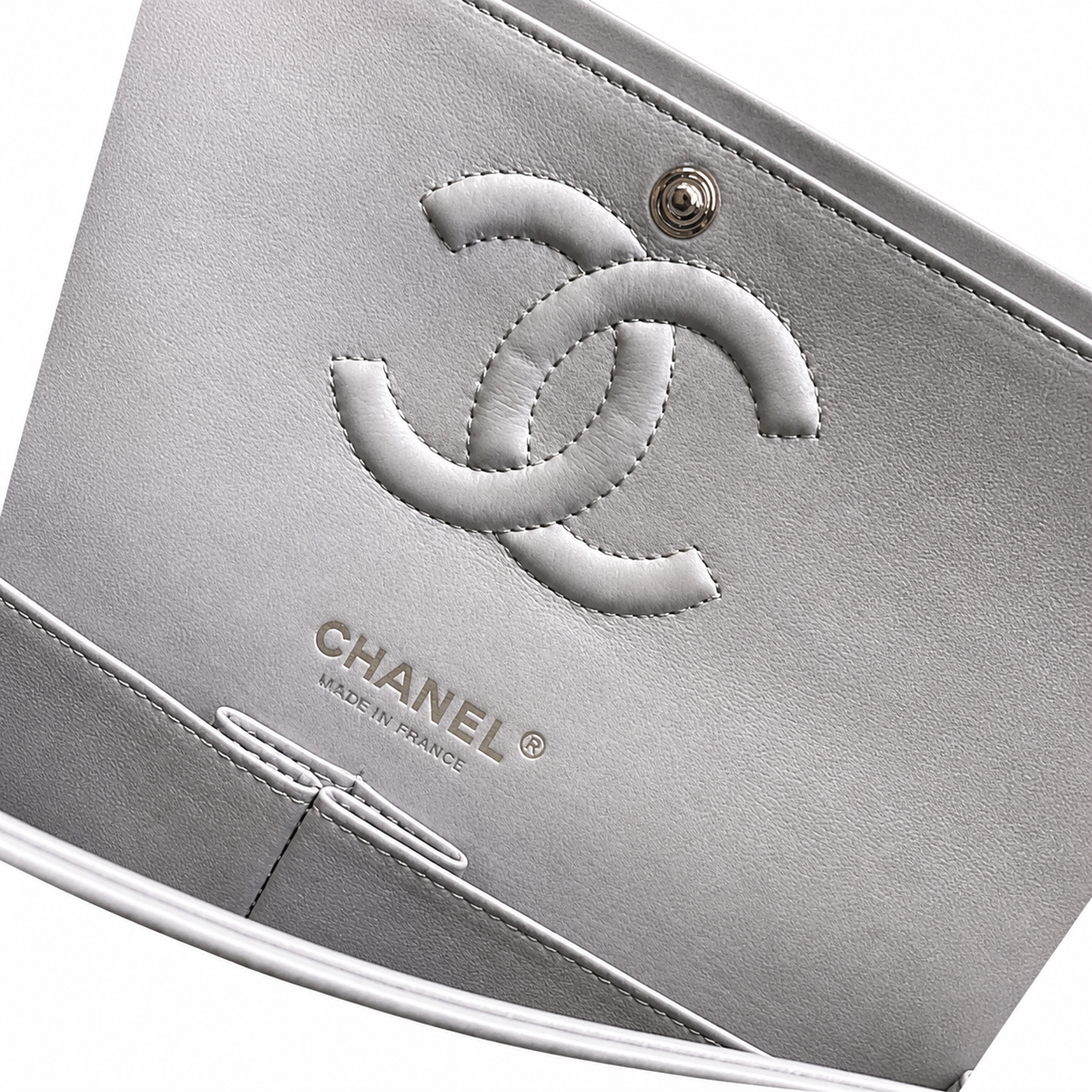 Chanel CC Quilted Double Flap Bag | Grey Lambskin & Silver — 25cm